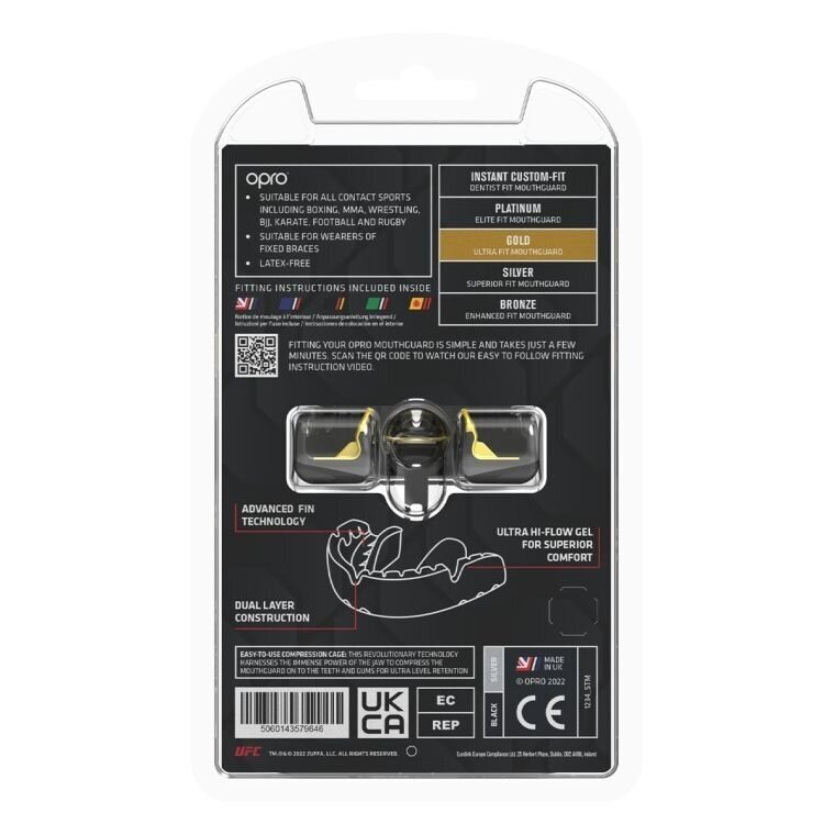 "OPRO" Mouthguard for Braces Self-Fit UFC Gold Braces - Black/Silver 6 "OPRO" Mouthguard for Braces Self-Fit UFC Gold Braces - Black/Silver 6