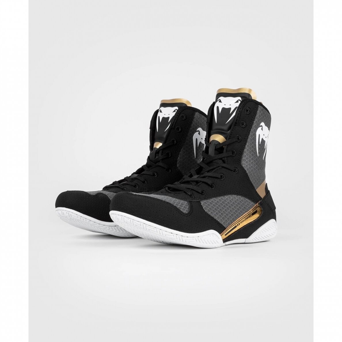 "Venum" Elite Boxing Shoes - Black/White/Gold "Venum" Elite Boxing Shoes - Black/White/Gold